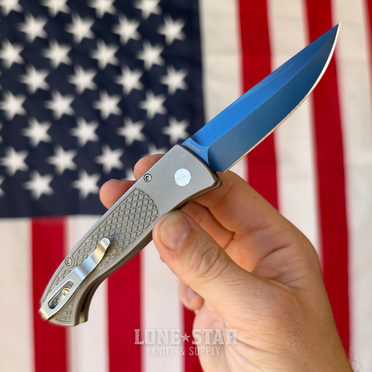 Pro-Tech Brend Classic Auto Custom 002, Walter Brend Design, Sapphire Blue MagnaCut, Blasted 17-4 Steel Handles - Made in USA
