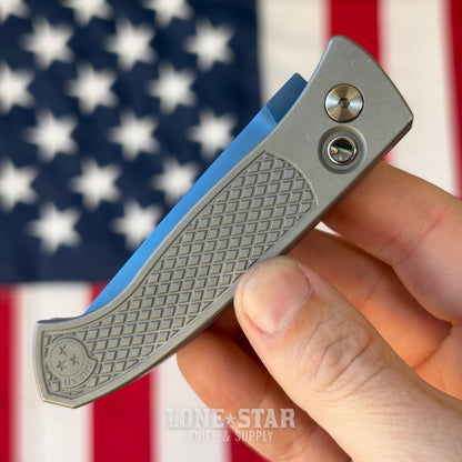 Pro-Tech Brend Classic Auto Custom 002, Walter Brend Design, Sapphire Blue MagnaCut, Blasted 17-4 Steel Handles - Made in USA
