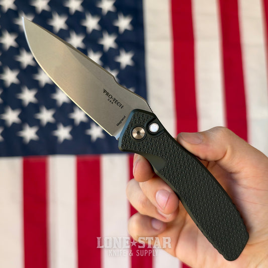 Pro-Tech Pallas Auto, Spartan Blades Collab, Blade Show West 2026 Exclusive, Stonewash MagnaCut, Carbide Textured Green Aluminum - Made in USA (BSW26.Pallas.1)