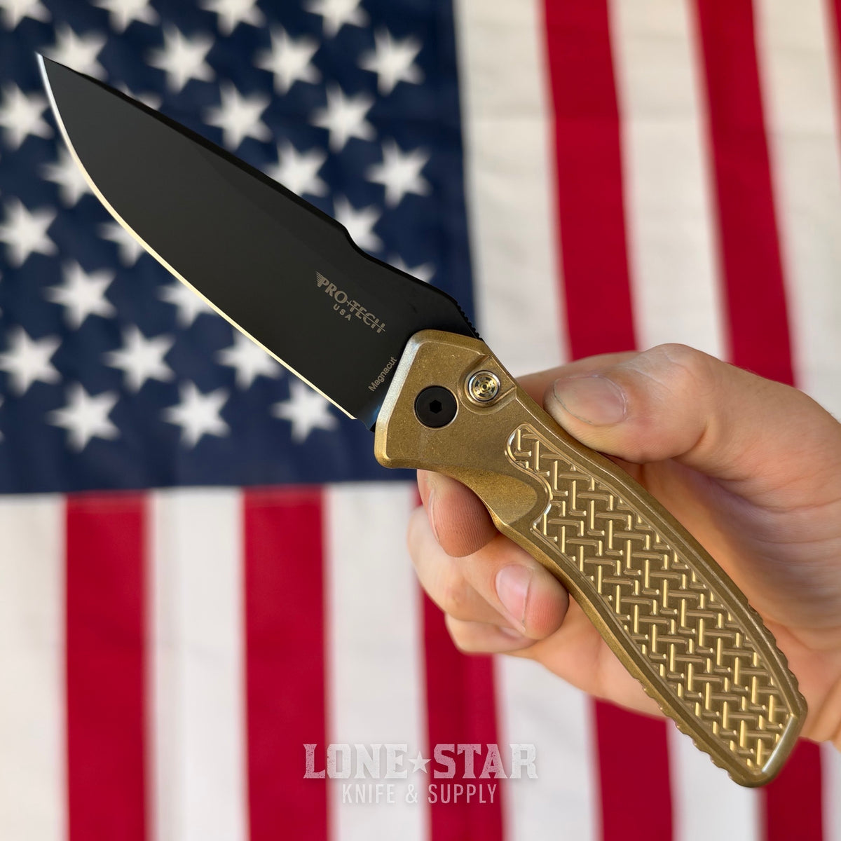Pro-Tech Pallas Auto Custom 006, Spartan Blades Collab, DLC Black MagnaCut, Weave Textured Aluminum Bronze, Mosaic Pin Button - Made in USA