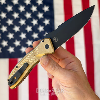 Pro-Tech Pallas Auto Custom 006, Spartan Blades Collab, DLC Black MagnaCut, Weave Textured Aluminum Bronze, Mosaic Pin Button - Made in USA