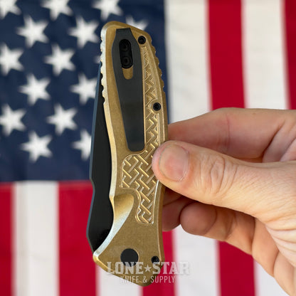 Pro-Tech Pallas Auto Custom 006, Spartan Blades Collab, DLC Black MagnaCut, Weave Textured Aluminum Bronze, Mosaic Pin Button - Made in USA