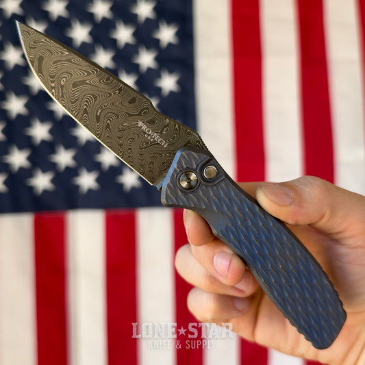 Pro-Tech Pallas Auto Custom 005, Spartan Blades Collab, Chad Nichols Boomerang Damascus, Distressed Blue and Bronze Lattice Titanium - Made in USA