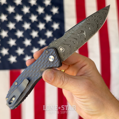 Pro-Tech Pallas Auto Custom 005, Spartan Blades Collab, Chad Nichols Boomerang Damascus, Distressed Blue and Bronze Lattice Titanium - Made in USA