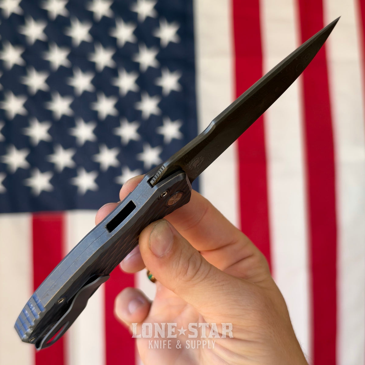 Pro-Tech Pallas Auto Custom 005, Spartan Blades Collab, Chad Nichols Boomerang Damascus, Distressed Blue and Bronze Lattice Titanium - Made in USA