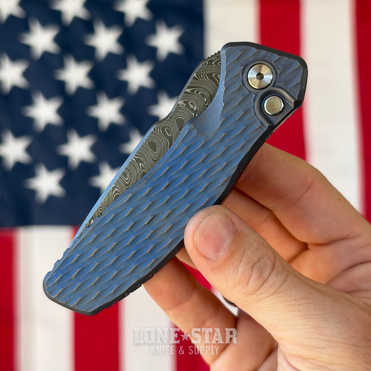 Pro-Tech Pallas Auto Custom 005, Spartan Blades Collab, Chad Nichols Boomerang Damascus, Distressed Blue and Bronze Lattice Titanium - Made in USA