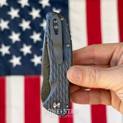 Pro-Tech Pallas Auto Custom 005, Spartan Blades Collab, Chad Nichols Boomerang Damascus, Distressed Blue and Bronze Lattice Titanium - Made in USA