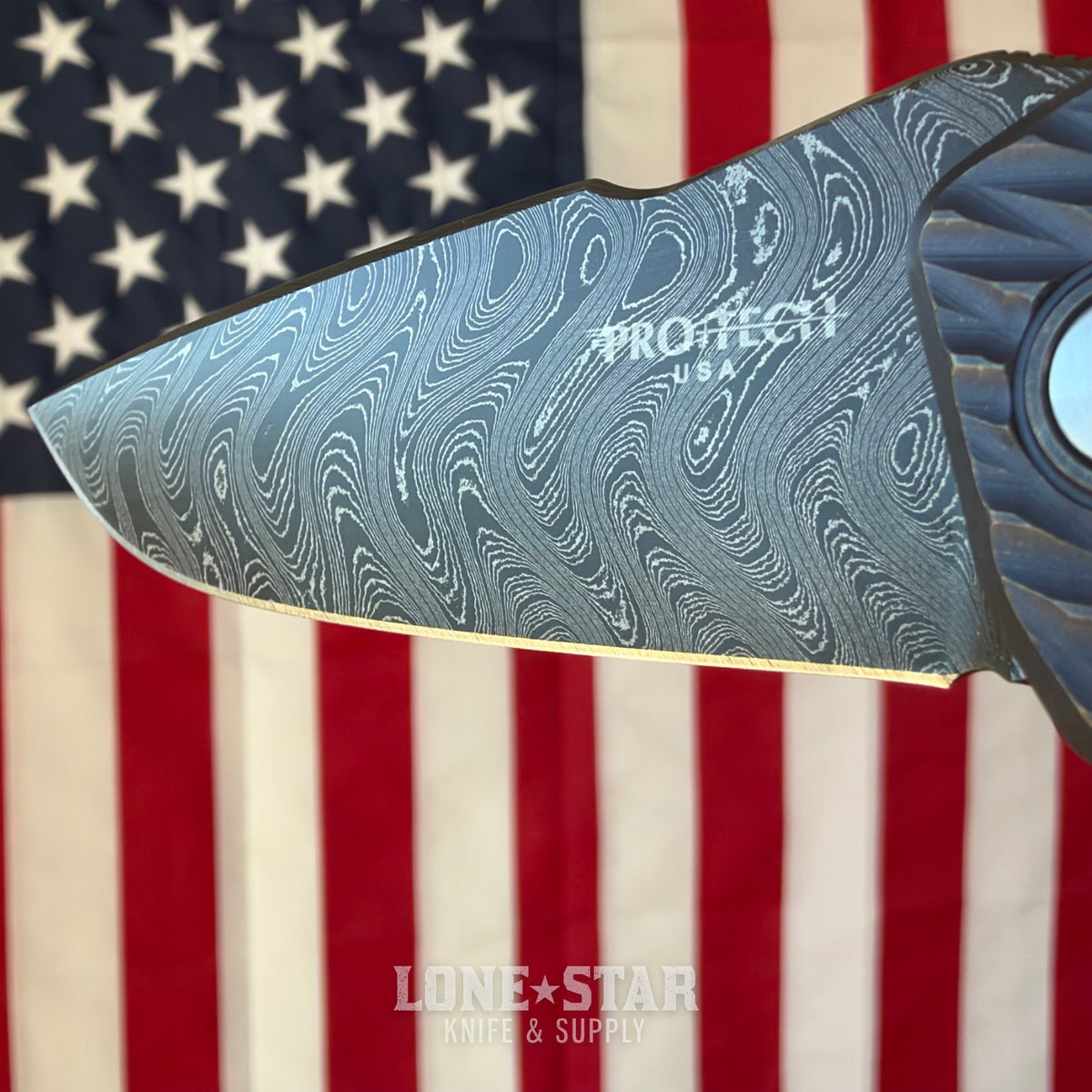 Pro-Tech Pallas Auto Custom 005, Spartan Blades Collab, Chad Nichols Boomerang Damascus, Distressed Blue and Bronze Lattice Titanium - Made in USA