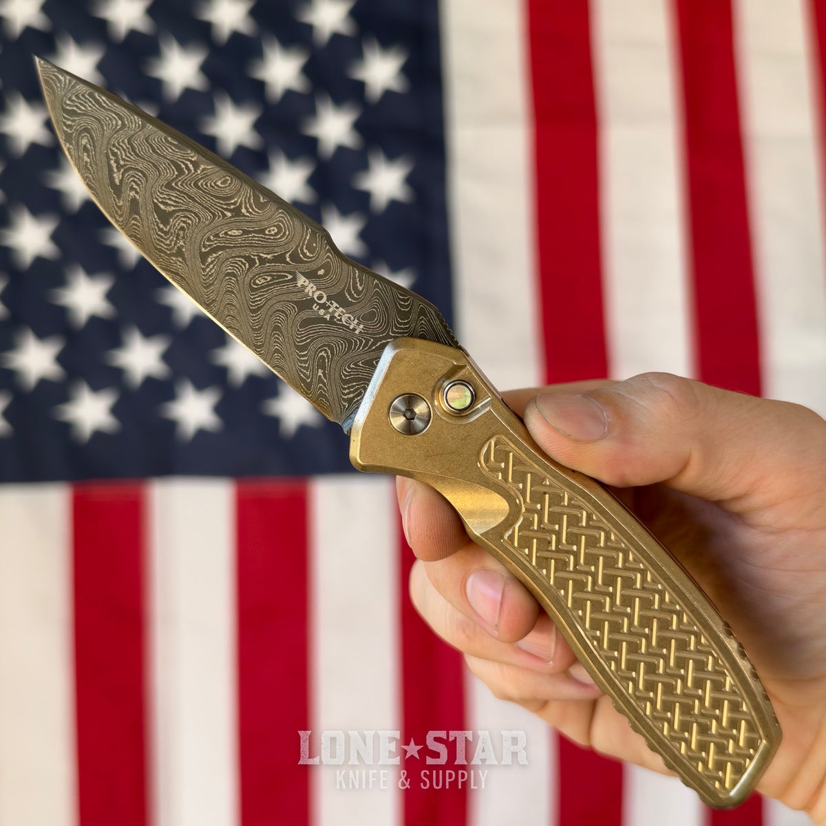 Pro-Tech Pallas Auto Custom 004, Spartan Blades Collab, Chad Nichols Boomerang Damascus, Weave Textured Aluminum Bronze - Made in USA