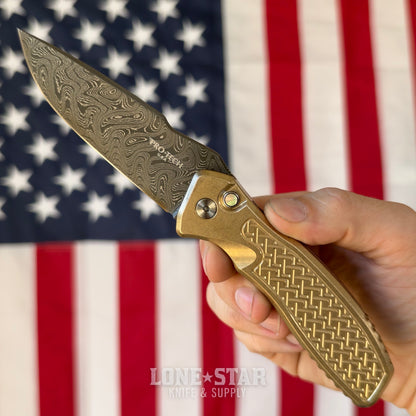 Pro-Tech Pallas Auto Custom 004, Spartan Blades Collab, Chad Nichols Boomerang Damascus, Weave Textured Aluminum Bronze - Made in USA