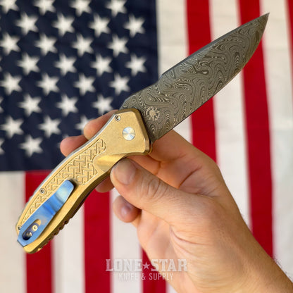 Pro-Tech Pallas Auto Custom 004, Spartan Blades Collab, Chad Nichols Boomerang Damascus, Weave Textured Aluminum Bronze - Made in USA