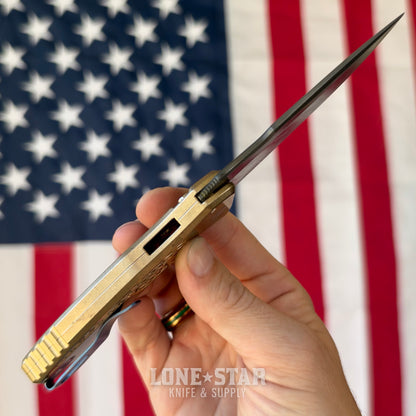 Pro-Tech Pallas Auto Custom 004, Spartan Blades Collab, Chad Nichols Boomerang Damascus, Weave Textured Aluminum Bronze - Made in USA