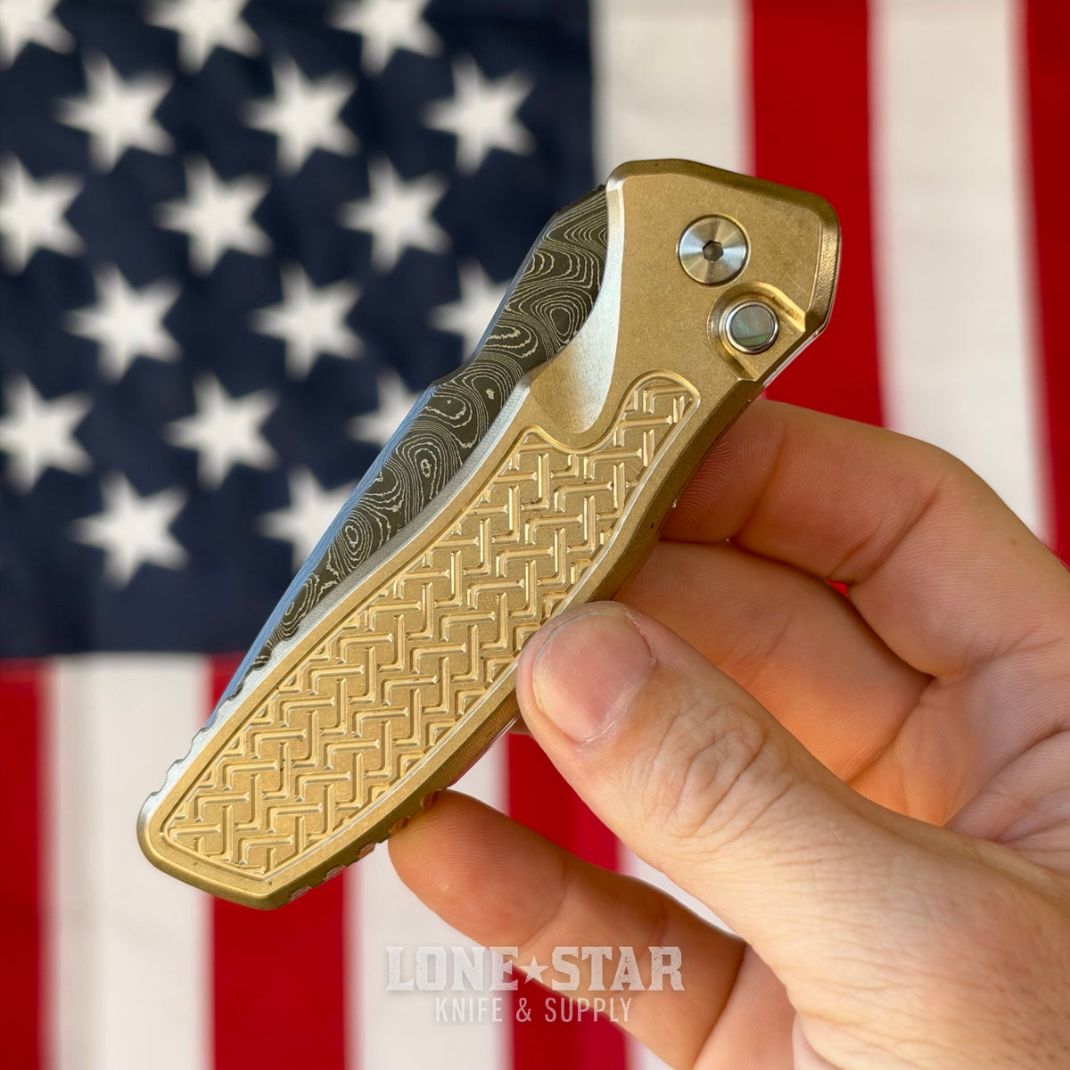 Pro-Tech Pallas Auto Custom 004, Spartan Blades Collab, Chad Nichols Boomerang Damascus, Weave Textured Aluminum Bronze - Made in USA