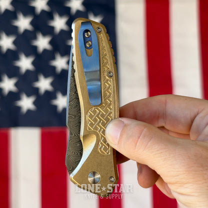 Pro-Tech Pallas Auto Custom 004, Spartan Blades Collab, Chad Nichols Boomerang Damascus, Weave Textured Aluminum Bronze - Made in USA