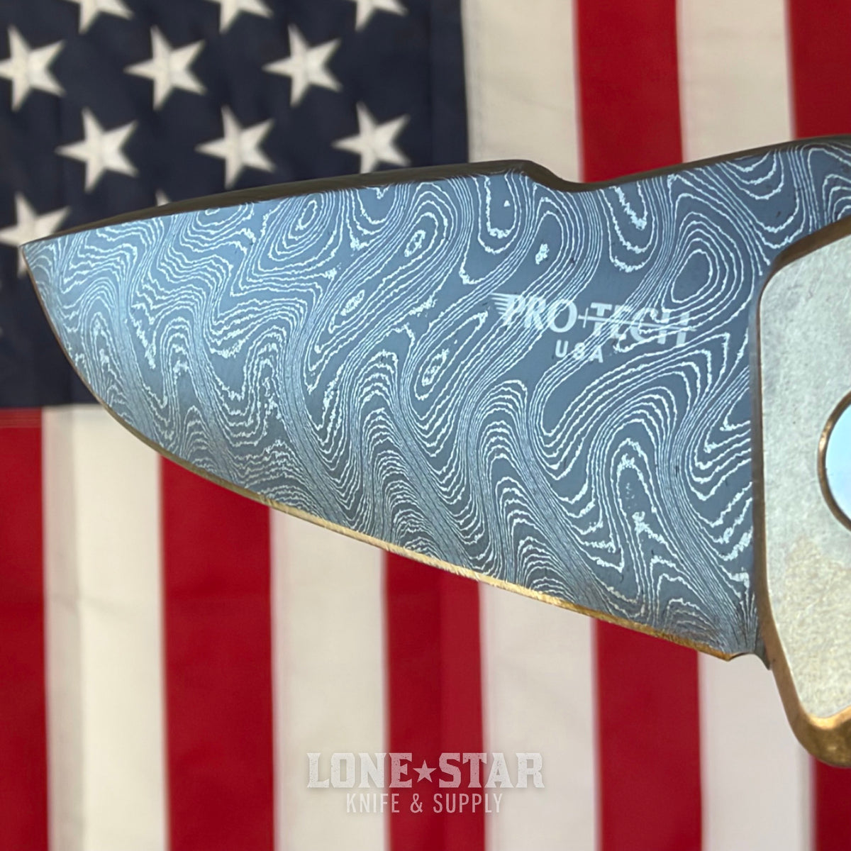 Pro-Tech Pallas Auto Custom 004, Spartan Blades Collab, Chad Nichols Boomerang Damascus, Weave Textured Aluminum Bronze - Made in USA