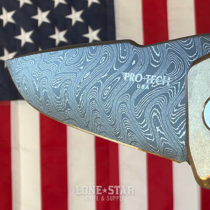 Pro-Tech Pallas Auto Custom 004, Spartan Blades Collab, Chad Nichols Boomerang Damascus, Weave Textured Aluminum Bronze - Made in USA