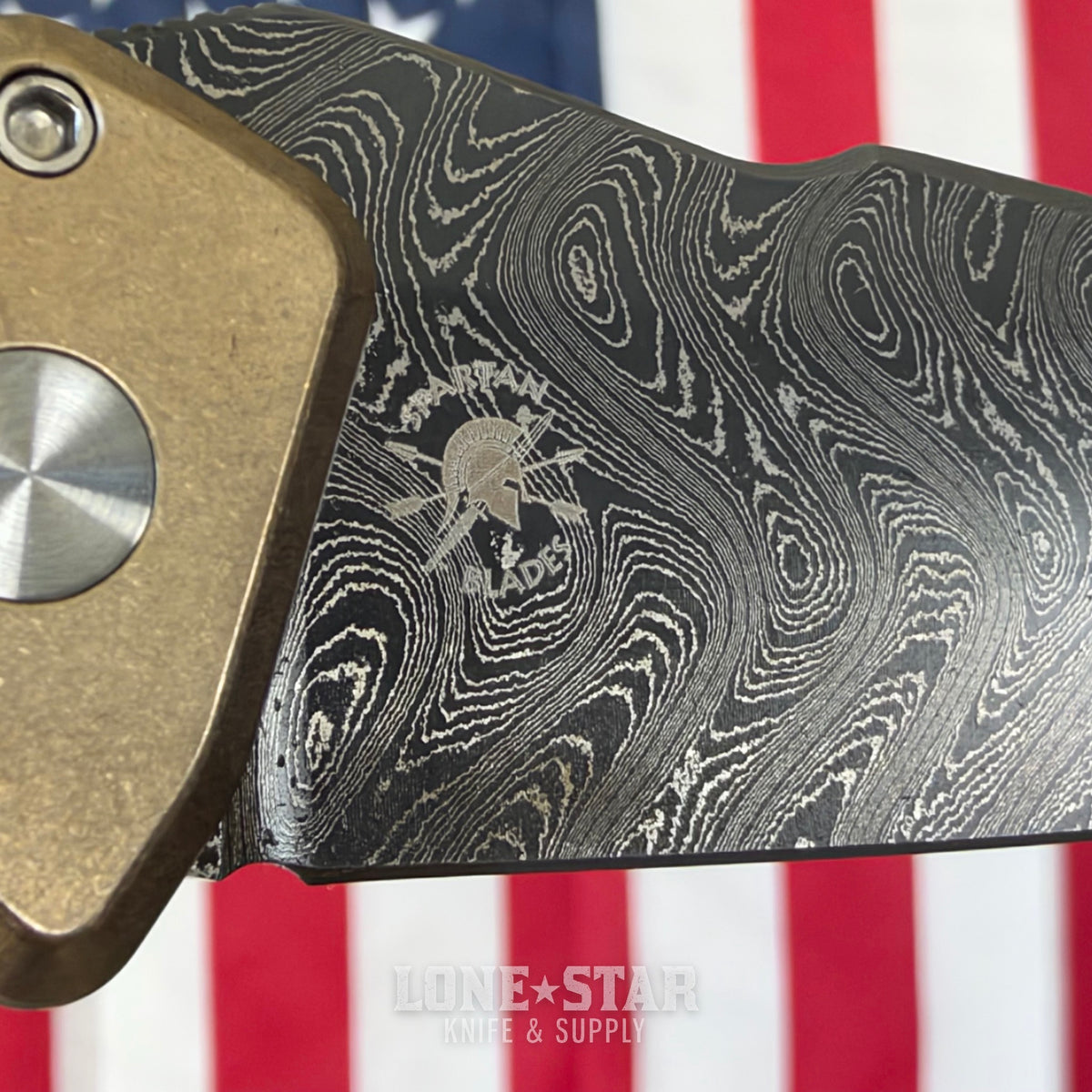 Pro-Tech Pallas Auto Custom 004, Spartan Blades Collab, Chad Nichols Boomerang Damascus, Weave Textured Aluminum Bronze - Made in USA