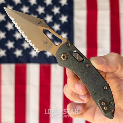 Microtech M-Stitch Ram-Lok, Marfione Select Antique Denim Titanium with Bronze Accents, Full Serrated 3.05" M390MK Bronzed Stonewash, Blade Show West 2026, Made in USA (169MRL-15MS3)