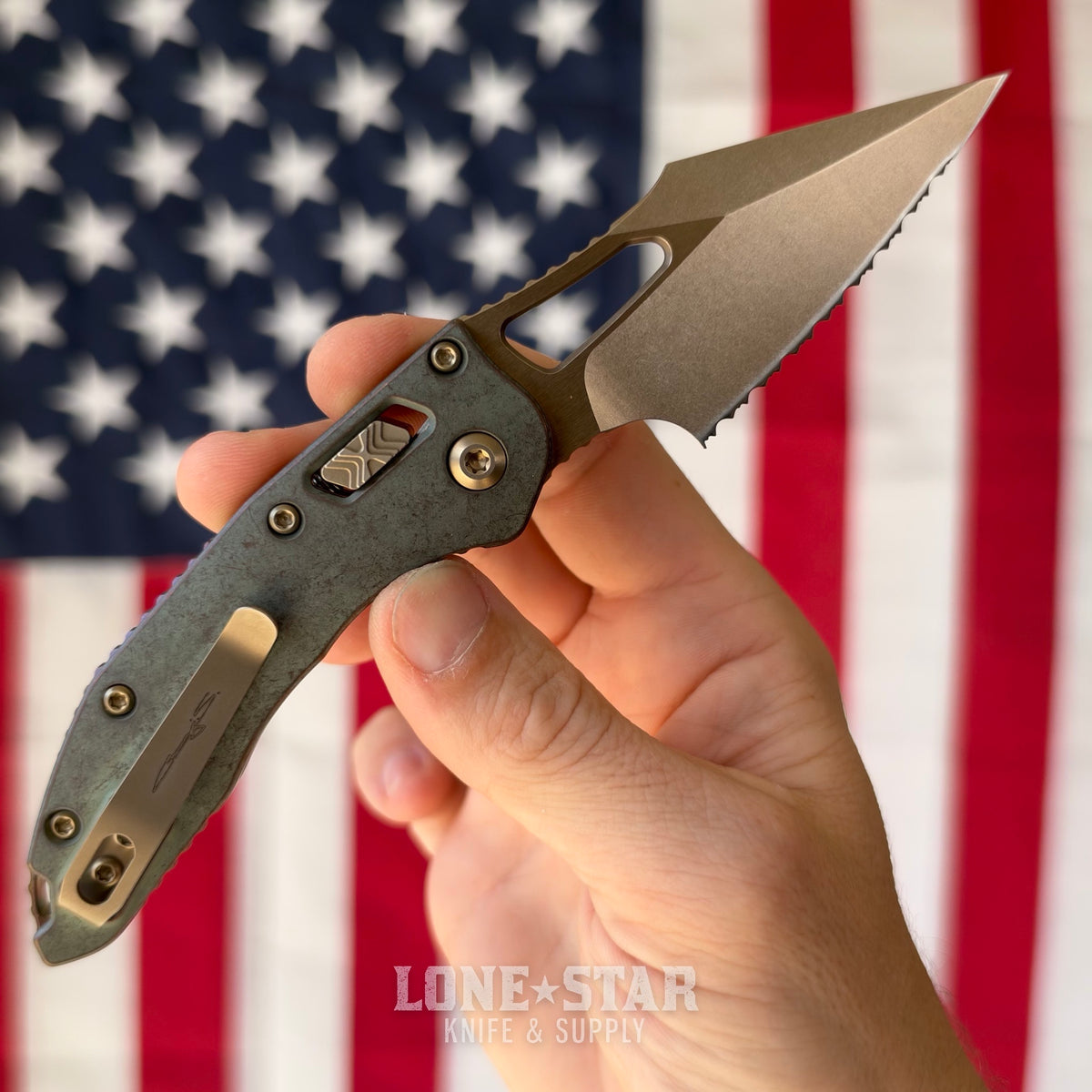 Microtech M-Stitch Ram-Lok, Marfione Select Antique Denim Titanium with Bronze Accents, Full Serrated 3.05" M390MK Bronzed Stonewash, Blade Show West 2026, Made in USA (169MRL-15MS3)