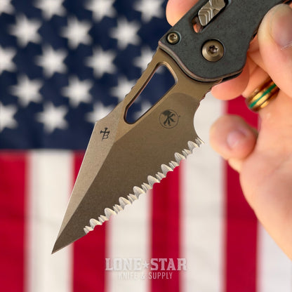 Microtech M-Stitch Ram-Lok, Marfione Select Antique Denim Titanium with Bronze Accents, Full Serrated 3.05" M390MK Bronzed Stonewash, Blade Show West 2026, Made in USA (169MRL-15MS3)