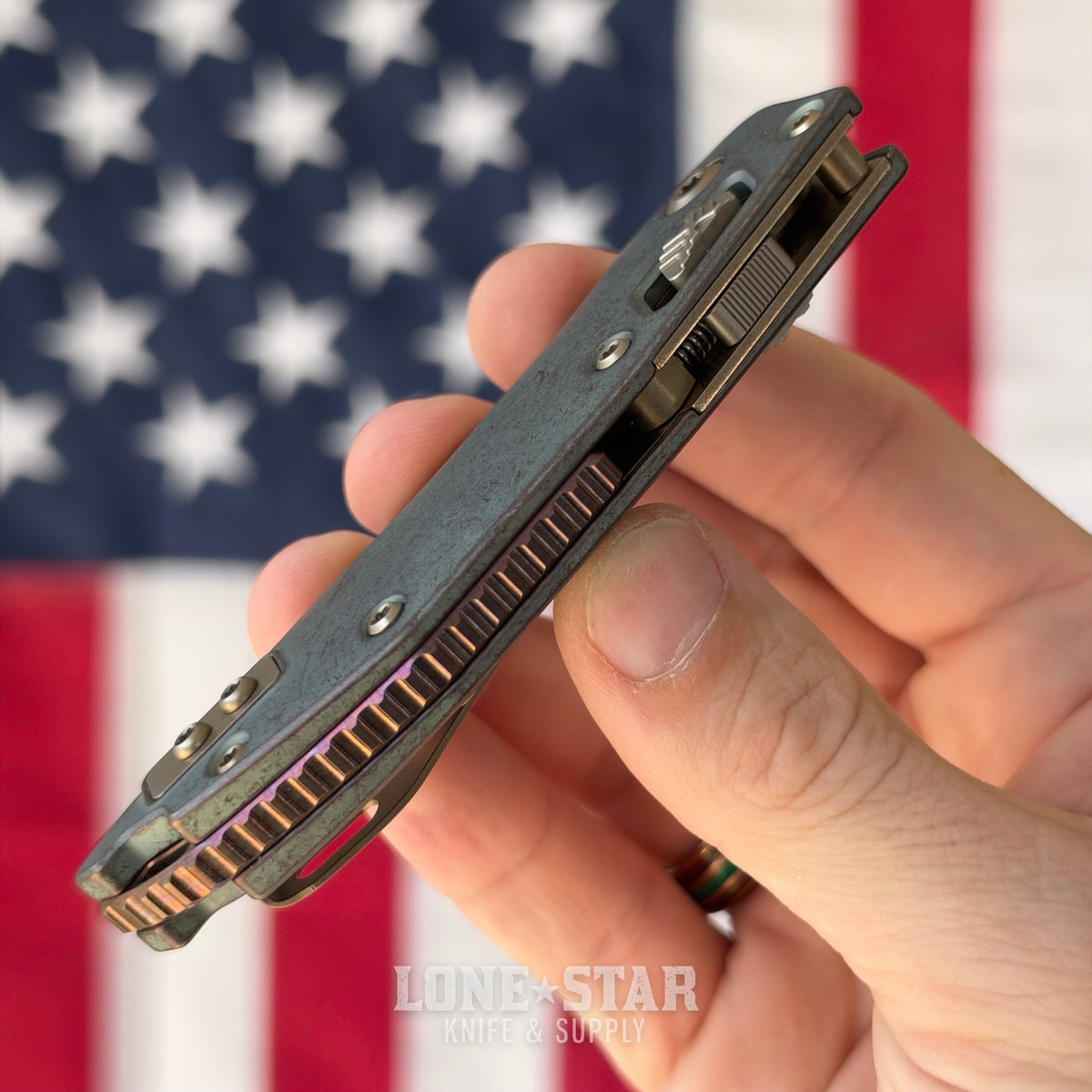 Microtech M-Stitch Ram-Lok, Marfione Select Antique Denim Titanium with Bronze Accents, Full Serrated 3.05" M390MK Bronzed Stonewash, Blade Show West 2026, Made in USA (169MRL-15MS3)