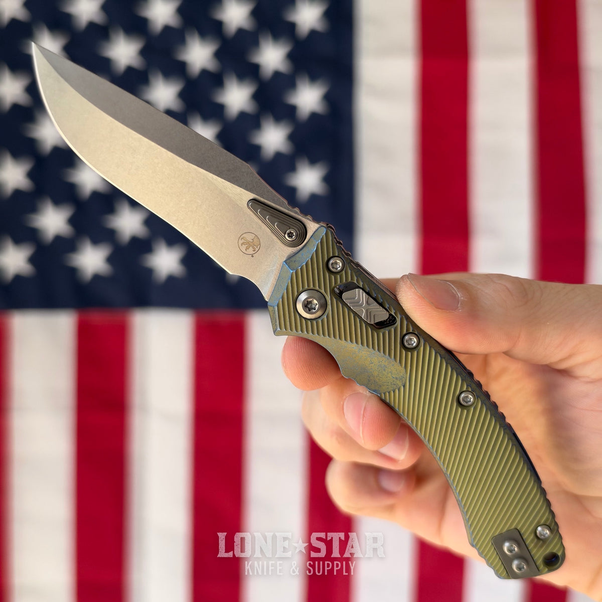 Microtech Amphibian Mini Ram-Lok, Marfione Select Galactic Gold Fluted Titanium with Blue Accents, 3.25" M390MK Stonewash, Blade Show West 2026, Made in USA (137MRL-10FLMS15)