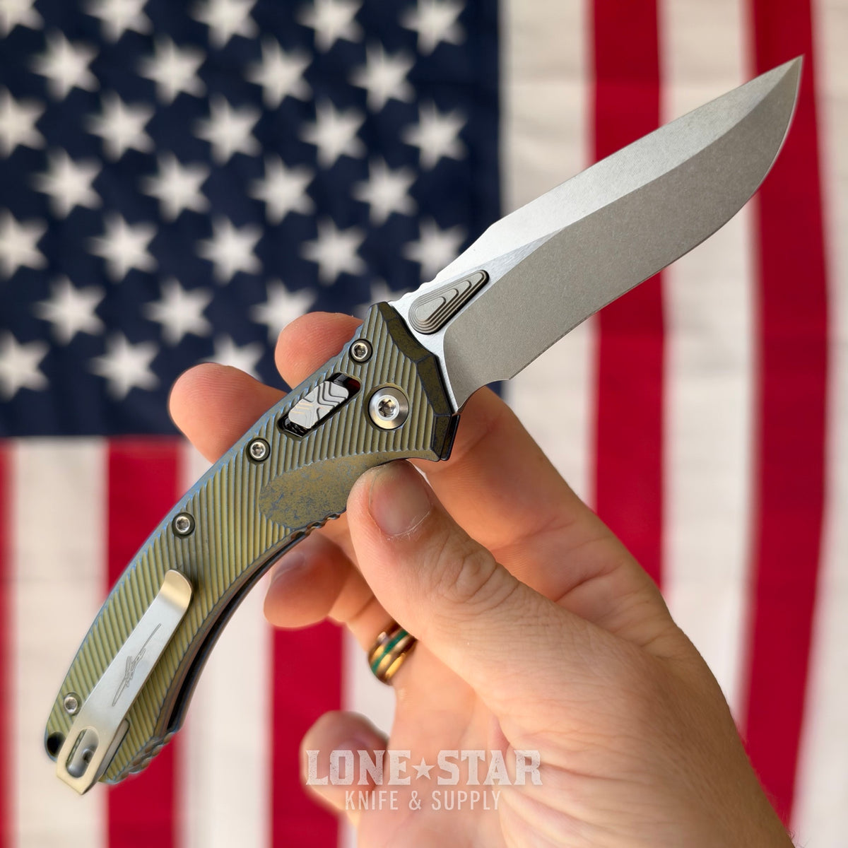 Microtech Amphibian Mini Ram-Lok, Marfione Select Galactic Gold Fluted Titanium with Blue Accents, 3.25" M390MK Stonewash, Blade Show West 2026, Made in USA (137MRL-10FLMS15)