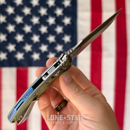 Microtech Amphibian Mini Ram-Lok, Marfione Select Galactic Gold Fluted Titanium with Blue Accents, 3.25" M390MK Stonewash, Blade Show West 2026, Made in USA (137MRL-10FLMS15)