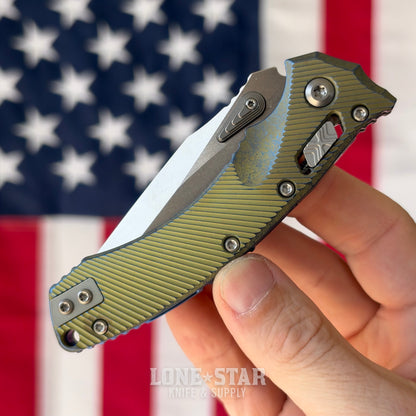 Microtech Amphibian Mini Ram-Lok, Marfione Select Galactic Gold Fluted Titanium with Blue Accents, 3.25" M390MK Stonewash, Blade Show West 2026, Made in USA (137MRL-10FLMS15)