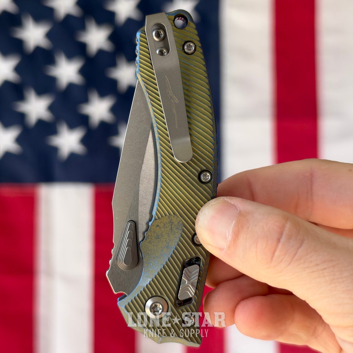 Microtech Amphibian Mini Ram-Lok, Marfione Select Galactic Gold Fluted Titanium with Blue Accents, 3.25" M390MK Stonewash, Blade Show West 2026, Made in USA (137MRL-10FLMS15)
