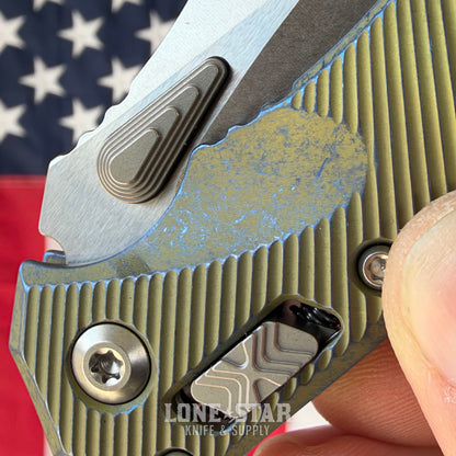 Microtech Amphibian Mini Ram-Lok, Marfione Select Galactic Gold Fluted Titanium with Blue Accents, 3.25" M390MK Stonewash, Blade Show West 2026, Made in USA (137MRL-10FLMS15)
