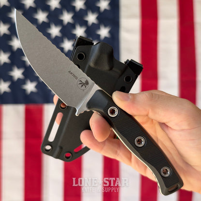 Microtech Akris Fixed Blade, Black G10 with Black Kydex Sheath, 3.7" M390MK Stonewash, Blade Show West 2026, Made in USA (95-10BK-5)