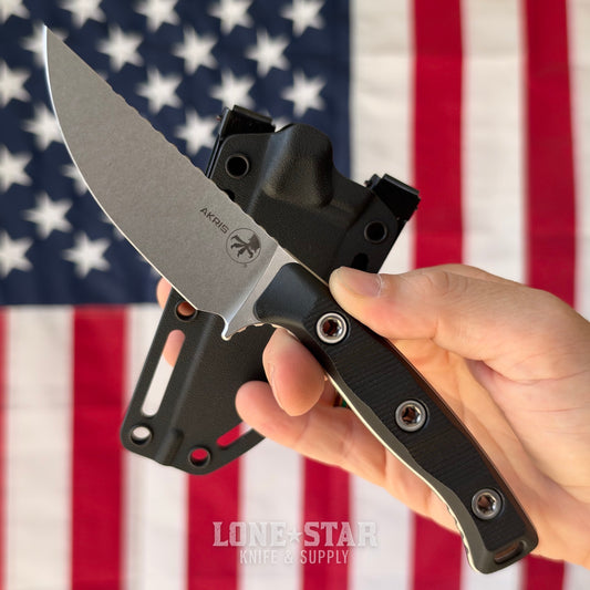 Microtech Akris Fixed Blade, Black G10 with Black Kydex Sheath, 3.7" M390MK Stonewash, Blade Show West 2026, Made in USA (95-10BK-5)