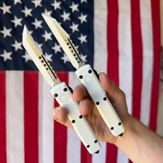 The Back Door: Microtech Ultratech Stormtrooper Set – Hellhound Tanto & Warhound, M390, Serial #239, Metal COA – Made in USA (119-1SETSTDS)