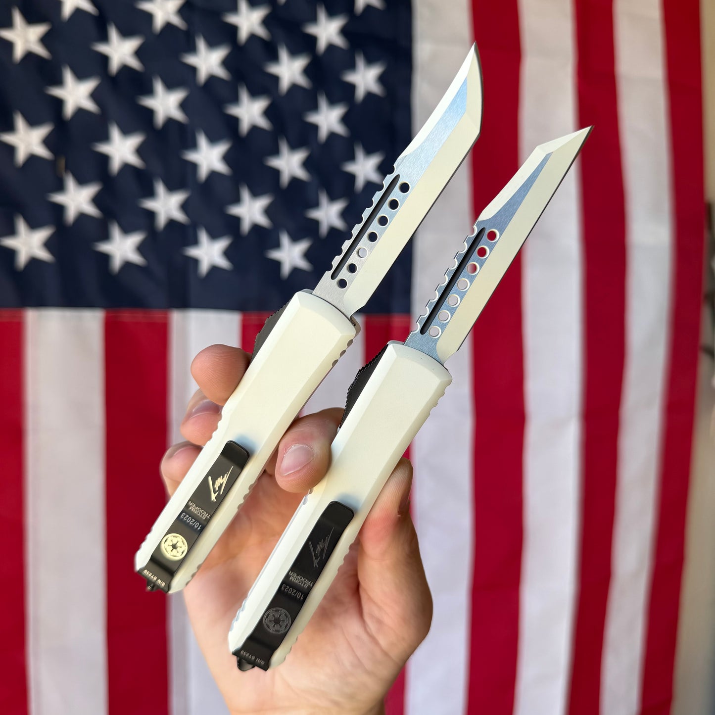 The Back Door: Microtech Ultratech Stormtrooper Set – Hellhound Tanto & Warhound, M390, Serial #239, Metal COA – Made in USA (119-1SETSTDS)