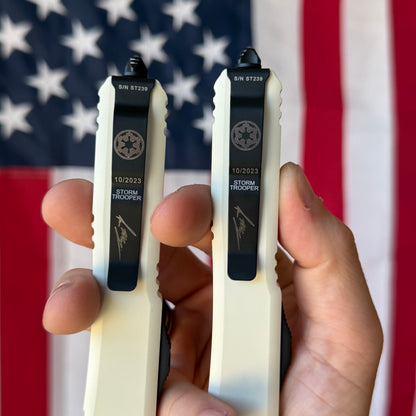 The Back Door: Microtech Ultratech Stormtrooper Set – Hellhound Tanto & Warhound, M390, Serial #239, Metal COA – Made in USA (119-1SETSTDS)
