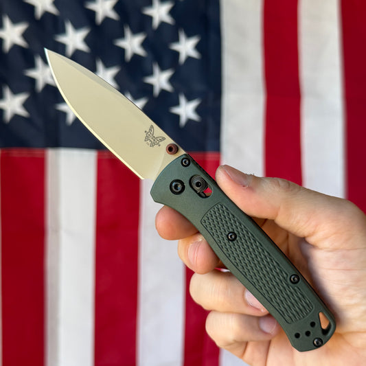 The Back Door: Benchmade Bugout Knife – Taiga Green Grivory Handle, McMillan Tan ELMAX Blade, AXIS Lock – Made in USA (535TN-2601) (Return)