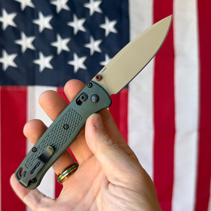 The Back Door: Benchmade Bugout Knife – Taiga Green Grivory Handle, McMillan Tan ELMAX Blade, AXIS Lock – Made in USA (535TN-2601) (Return)