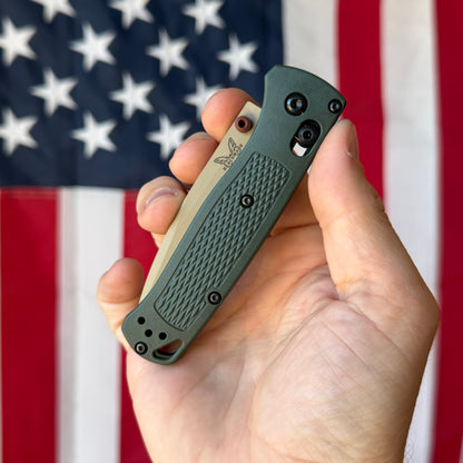 The Back Door: Benchmade Bugout Knife – Taiga Green Grivory Handle, McMillan Tan ELMAX Blade, AXIS Lock – Made in USA (535TN-2601) (Return)