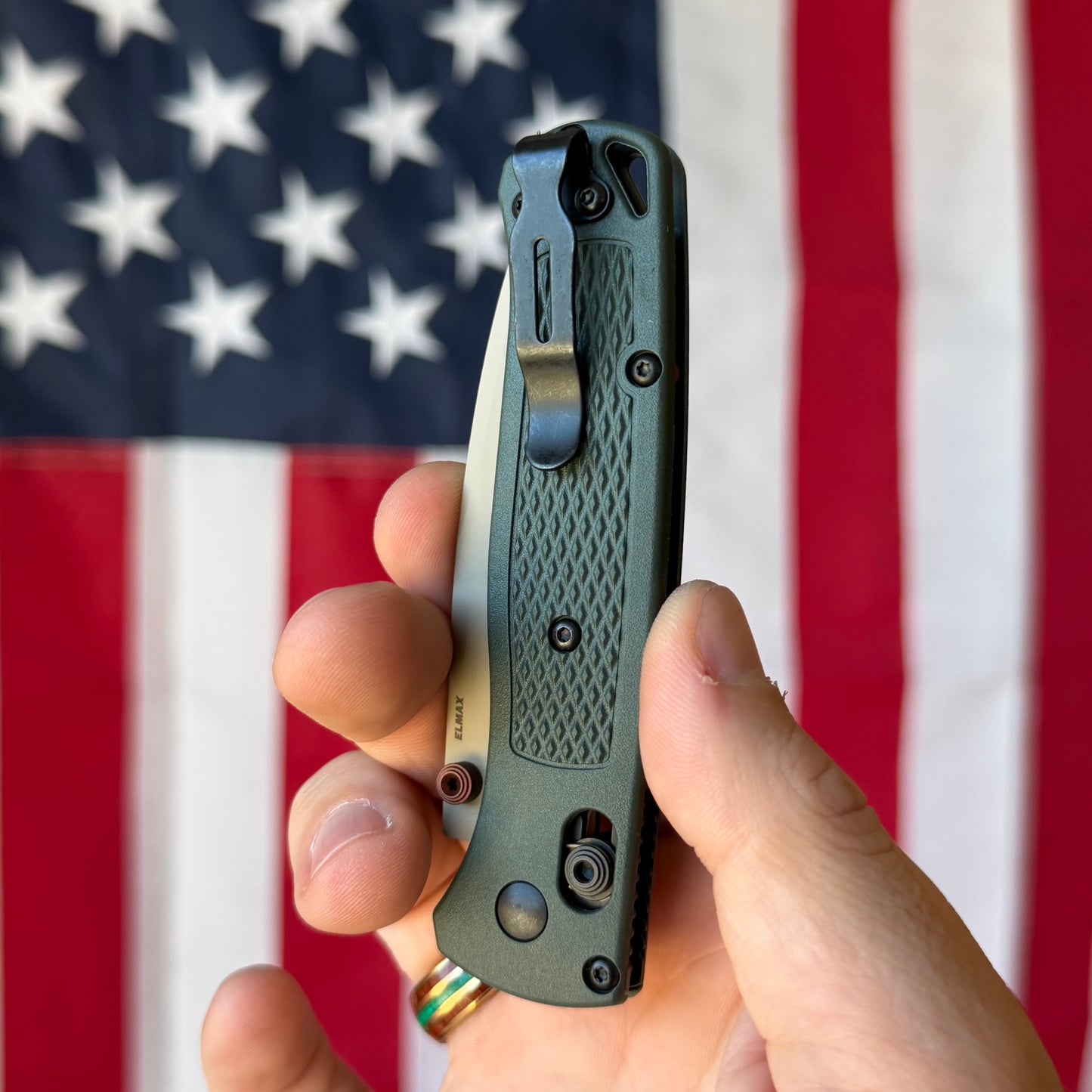 The Back Door: Benchmade Bugout Knife – Taiga Green Grivory Handle, McMillan Tan ELMAX Blade, AXIS Lock – Made in USA (535TN-2601) (Return)