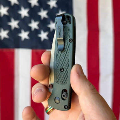 The Back Door: Benchmade Bugout Knife – Taiga Green Grivory Handle, McMillan Tan ELMAX Blade, AXIS Lock – Made in USA (535TN-2601) (Return)