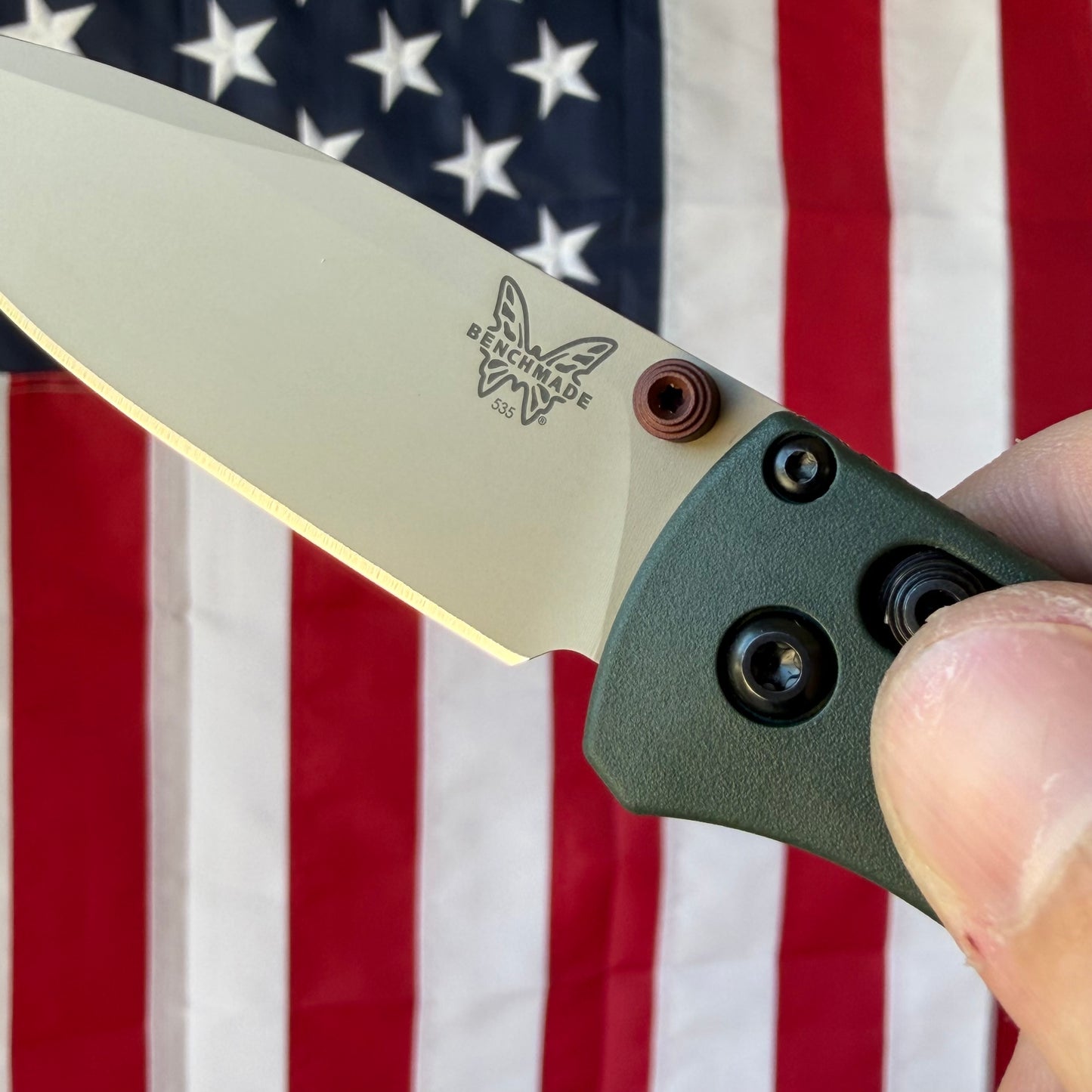 The Back Door: Benchmade Bugout Knife – Taiga Green Grivory Handle, McMillan Tan ELMAX Blade, AXIS Lock – Made in USA (535TN-2601) (Return)