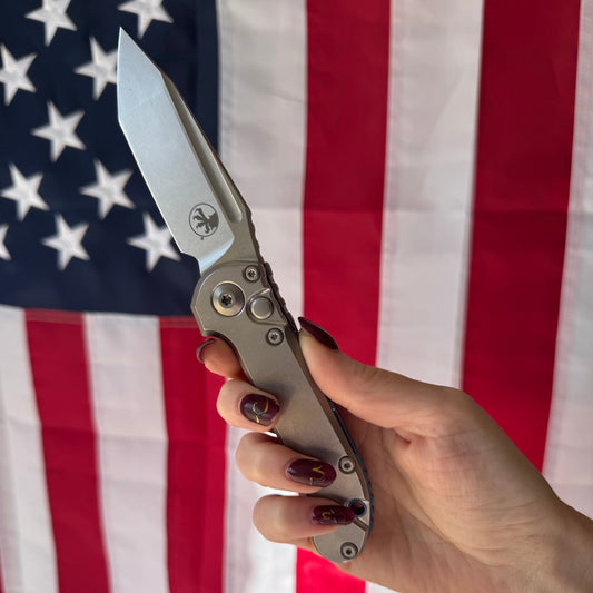 Microtech L.U.D.T. Tanto Edge 3.4 inch Automatic Knife, Stonewash Blade, Slab Side Titanium Handle with Blue Titanium Accents – Made in USA (1136-10MS3)