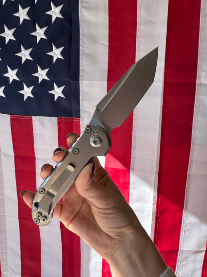Microtech L.U.D.T. Tanto Edge 3.5” Automatic Knife, Stonewash Blade, Slab Side Titanium Handle with Blue Titanium Accents – Made in USA (1136-10MS3)
