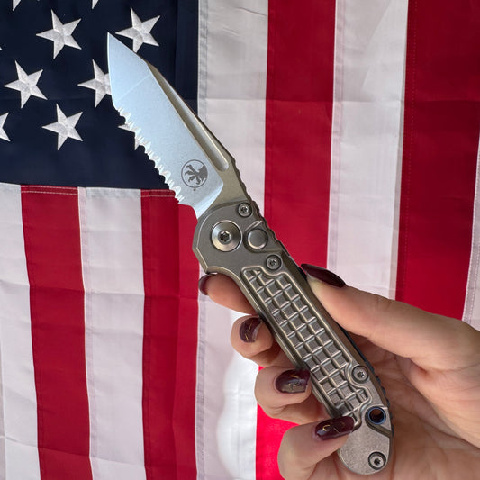 Microtech L.U.D.T. Mixed Edge Tanto 3.4 inch Automatic Knife, Stonewash Blade, Frag Pattern Titanium Handle with Blue Accents – Made in USA (1136-12FRMS2)