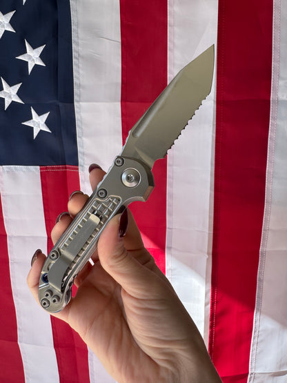 Microtech L.U.D.T. Mixed Edge Tanto 3.5 inch Automatic Knife, Stonewash Blade, Frag Pattern Titanium Handle with Blue Accents – Made in USA (1136-12FRMS2)