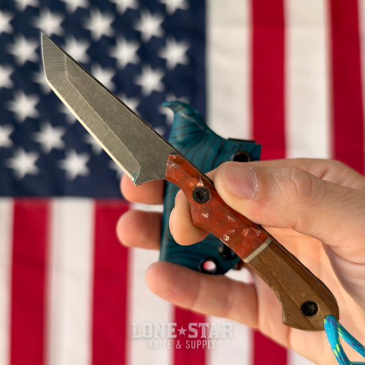 HF Blade Co. Mayfly 2.4" Fixed Blade, Nitro-V Tanto, USS Iowa Wood and Epoxy Scales, Made in USA (HFB-MAYFLY-USSIOWA)