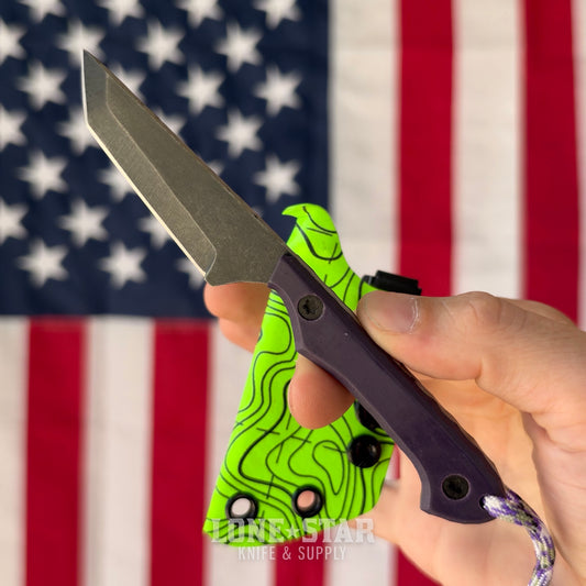 HF Blade Co. Mayfly 2.4" Fixed Blade, Nitro-V Tanto, Purple G10 with Green Sheath, Made in USA (HFB-MAYFLY-JOKER)