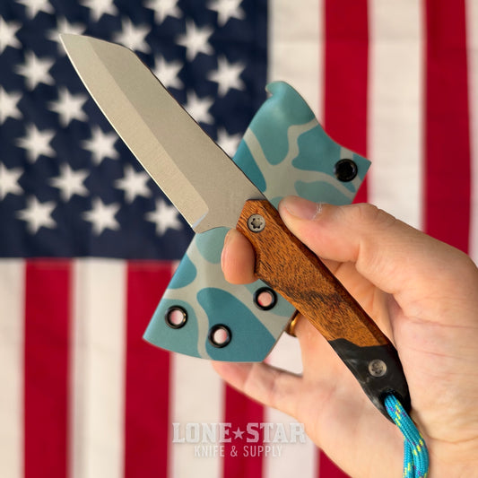 HF Blade Co. Dogman Fixed Blade, Nitro-V, Wood and Epoxy Scales, Blue Camo Kydex Sheath, Made in USA (HFB-DOGMAN-WOODEPOXY)
