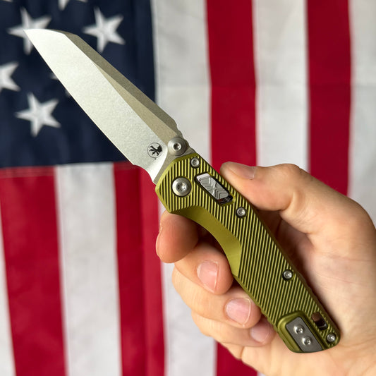Microtech MSI Mini RAM-Lok 3.15" – OD Green Fluted Aluminum, M390MK Stonewash – Made in USA (210M-10FLOD)